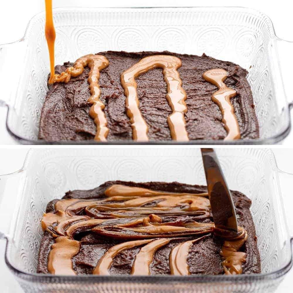 hands swirling caramel into brownie batter in a baking pan