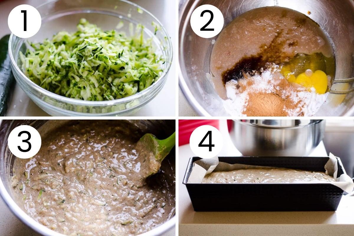 Step-by-step images showing the process of making squash and zucchini bread.