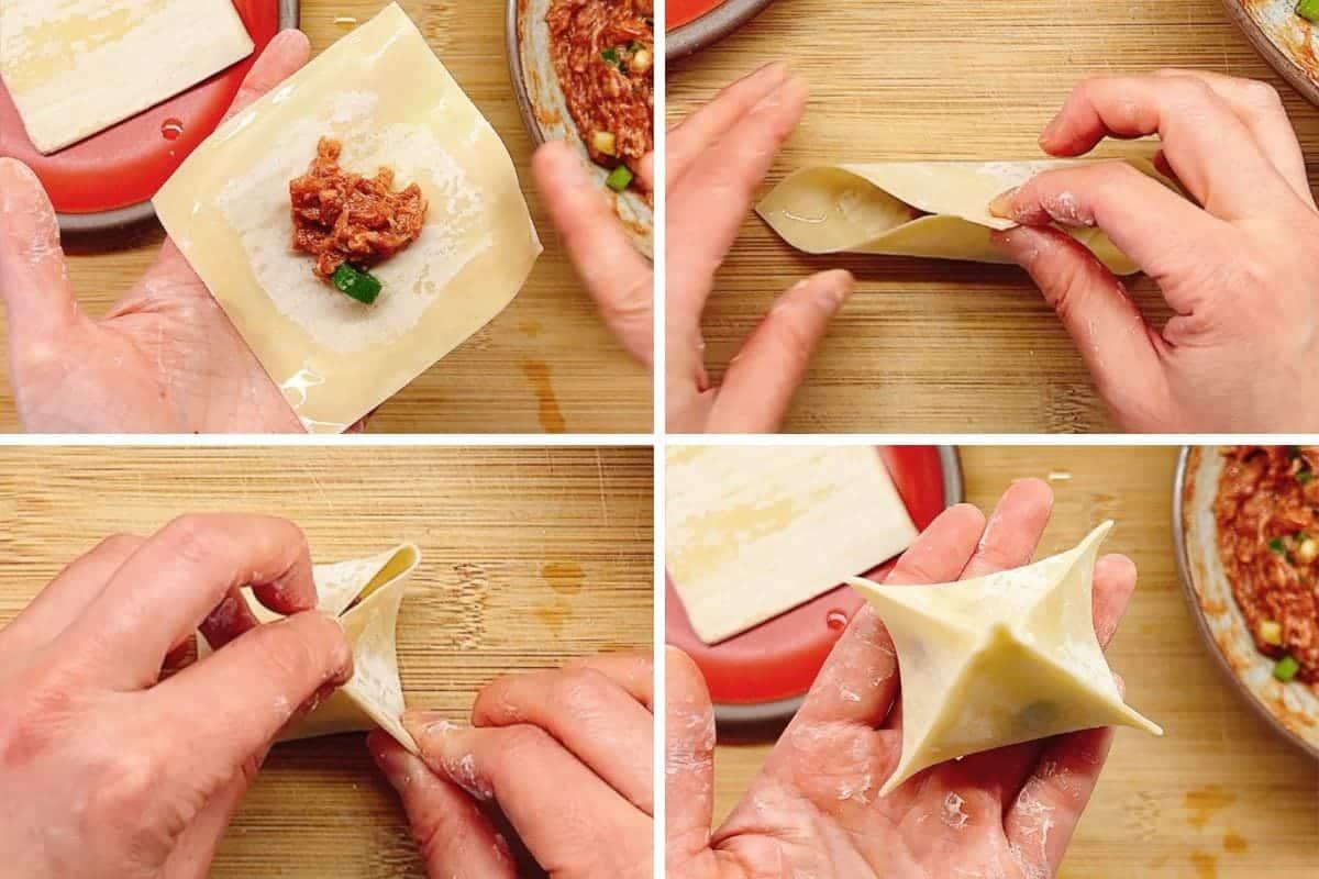 Hands demonstrating how to fold a wonton wrapper with a small amount of chicken filling, showing the final sealed shape before frying