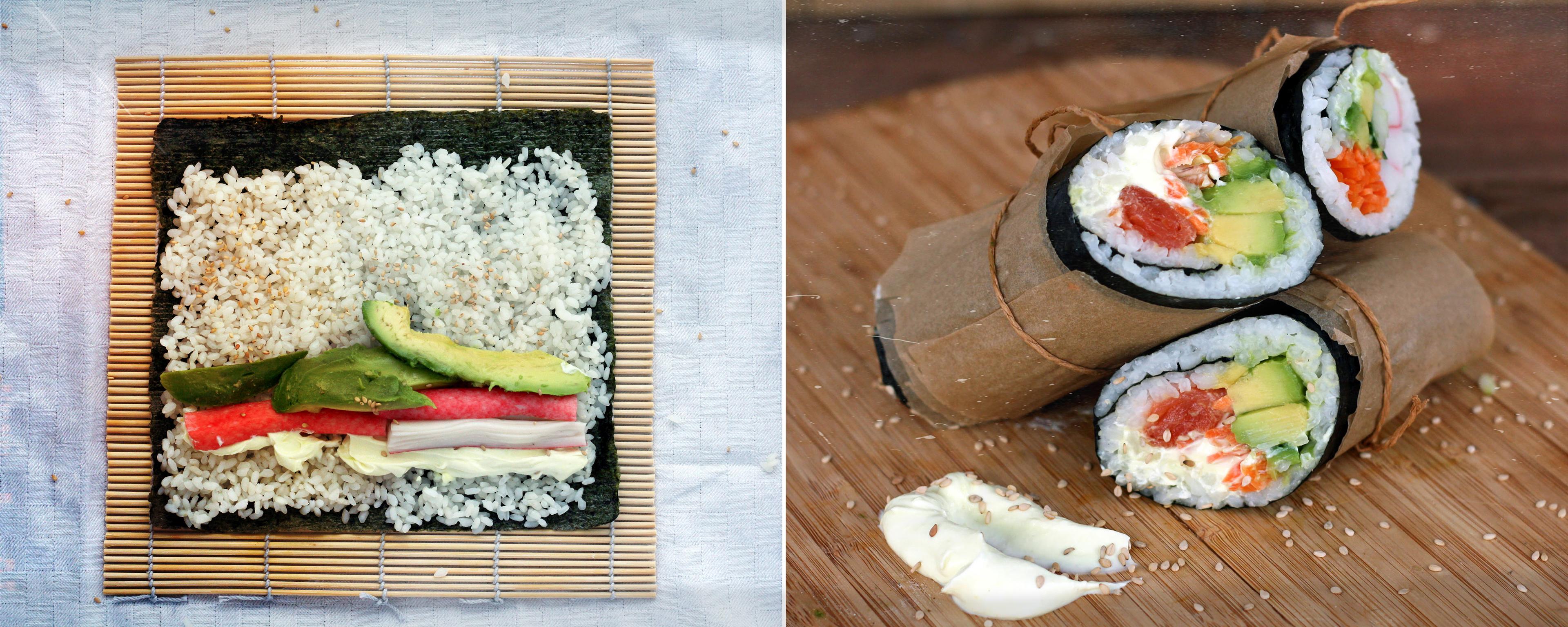 A close-up of a slice of honeydew sushi burrito showcasing the layers of ingredients