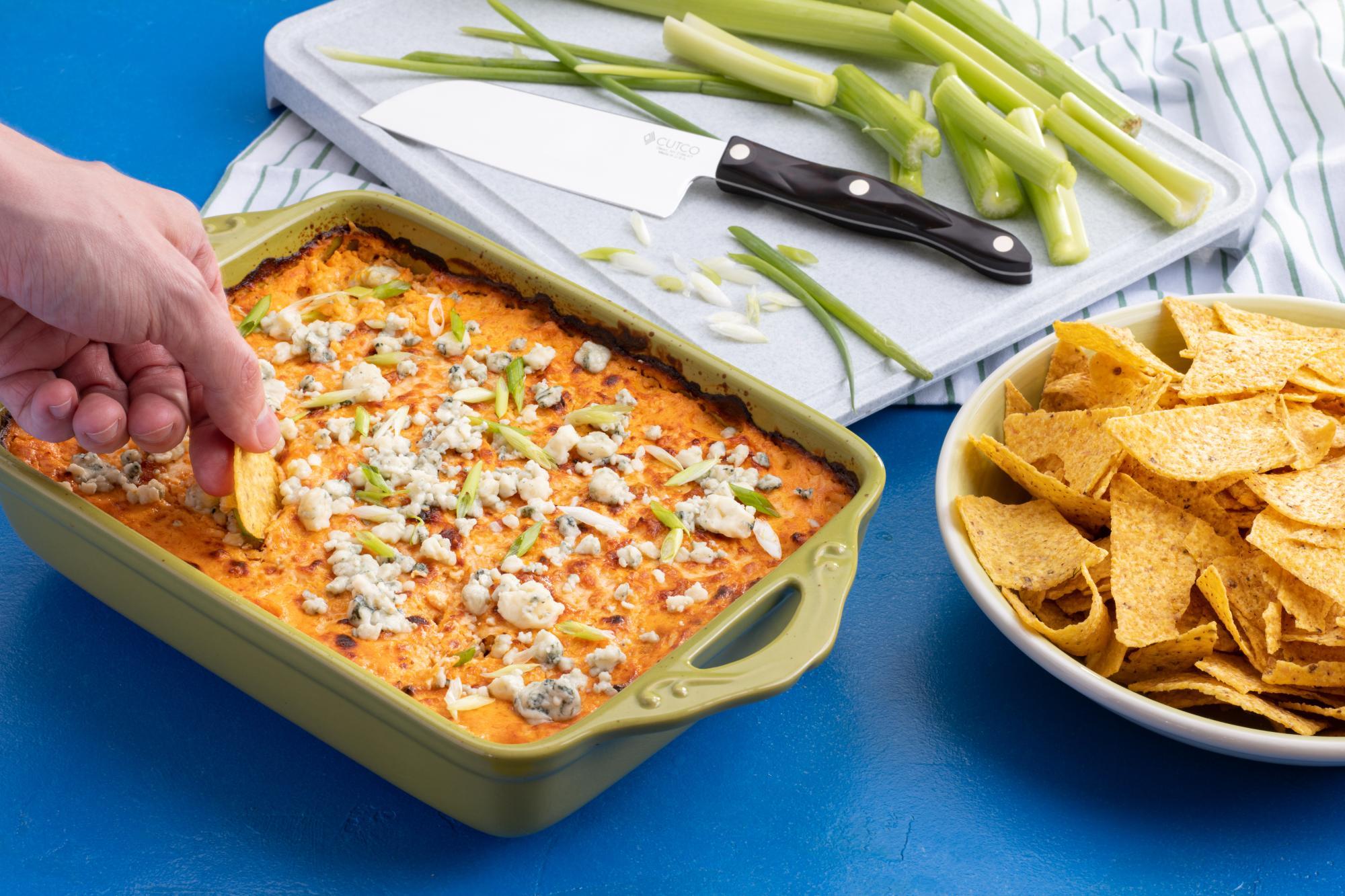 bowl of buffalo chicken dip with tortilla chips