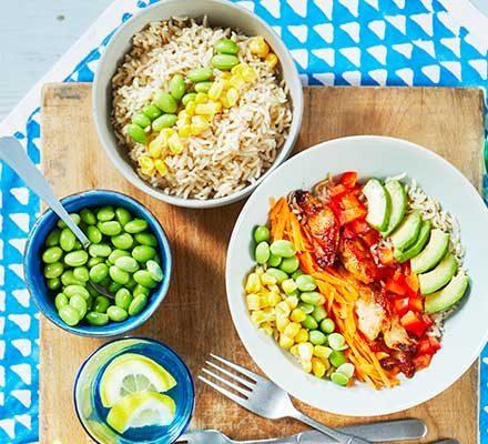 Colorful and healthy gluten-free rice bowls for kids