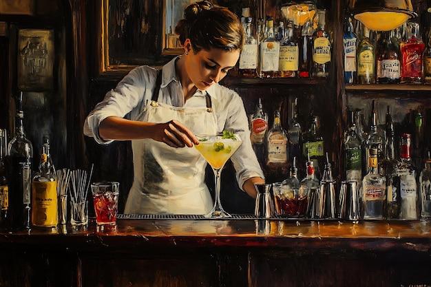 bartender crafting an Amber Allure Alexander cocktail in a dimly lit bar