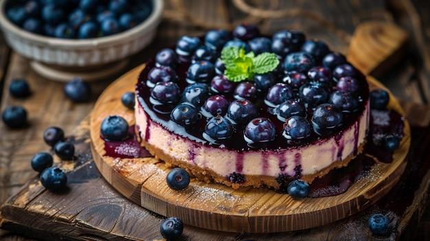 A rustic blueberry cheesecake tart on a wooden table