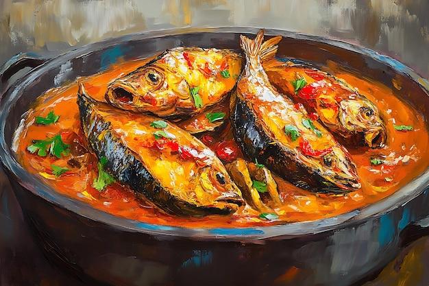 Close up shot of the finished dish, highlighting the vibrant colors of the curry and the flaky fish.