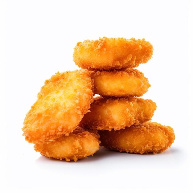 A close up of a single, crispy chicken nugget, glistening with oil.