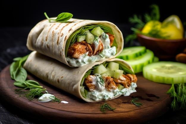 Close-up shot of Chicken Tikka Masala Wraps with Raita, showing the vibrant colors and textures