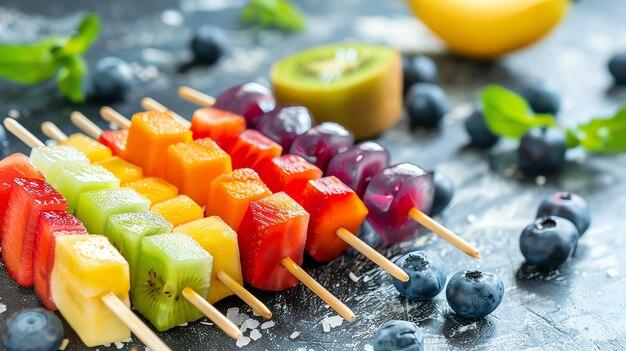 Close up of colorful fruit skewers