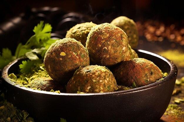 Close up of falafel patties in a skillet
