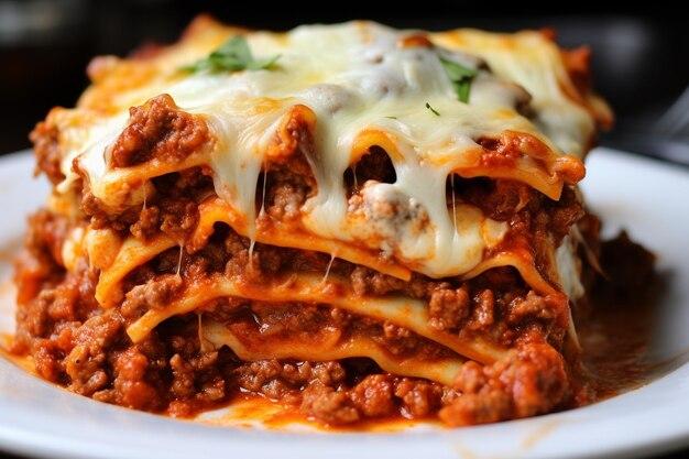 Close up shot of a single portion of the lasagna, showcasing the layers and texture.