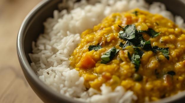 Close-up shot of a steaming bowl of One-Pot Dal with Rice, showcasing the texture and colors.