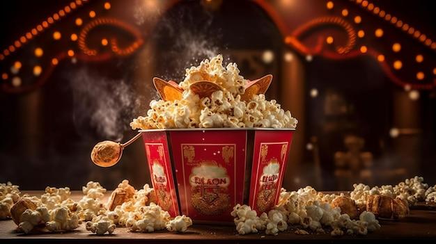 close up of lobster butter popcorn in a movie theater setting