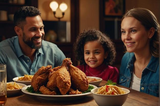 Family laughing and enjoying a meal with vanilla bean fried chicken
