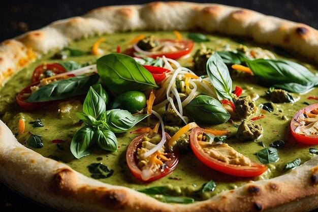 Close up of green curry pizza, showing the vibrant colors and fresh basil