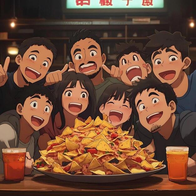 A group of friends enjoying a plate of nachos