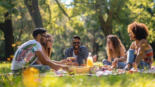 A group of friends enjoying a picnic in a sunny park with a plate of peanut butter and banana cookies