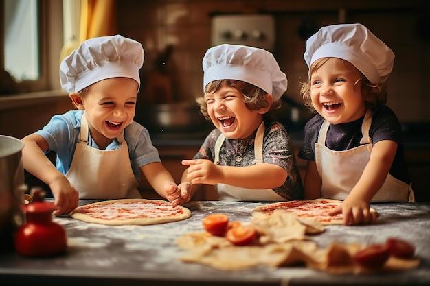 A child and adult making mini pizzas together, smiling