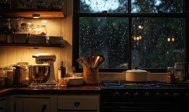 Cozy kitchen scene with rain outside window and a bowl of soup
