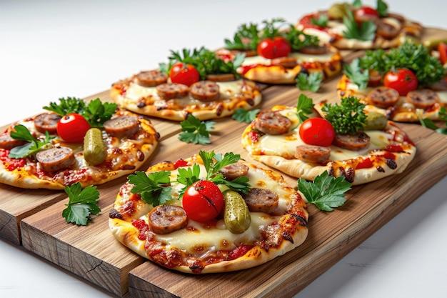 A close-up shot of several mini pizzas with various toppings, looking delicious and slightly rustic