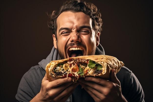 A person taking a big bite out of a Smoked Monterey Jack and Avocado Burrito