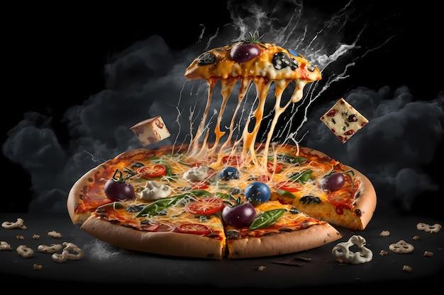 overhead shot of a finished pizza with a slice being taken