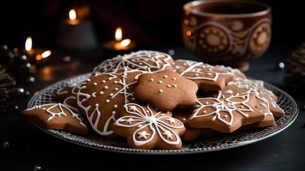 A plate of gingerbread cookies with a cup of tea