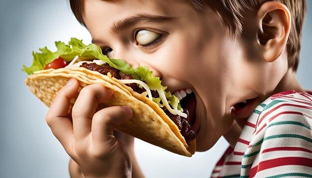 A person looking surprised and delighted while eating a Kimchi and Chocolate Taco