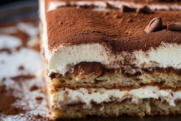 Close-up of a slice of tiramisu tart showing the layers