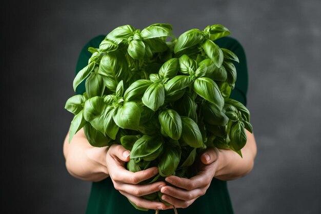 A hand holding a bowl of fresh basil leaves.