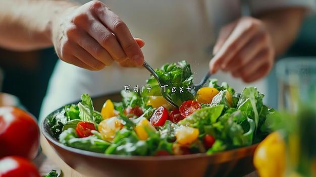 Close up shot of a hand tossing a salad