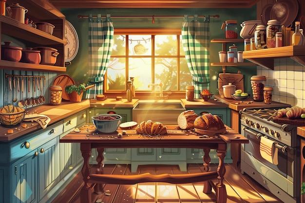 A rustic, homey kitchen scene showing a berry cobbler cooling on a wire rack