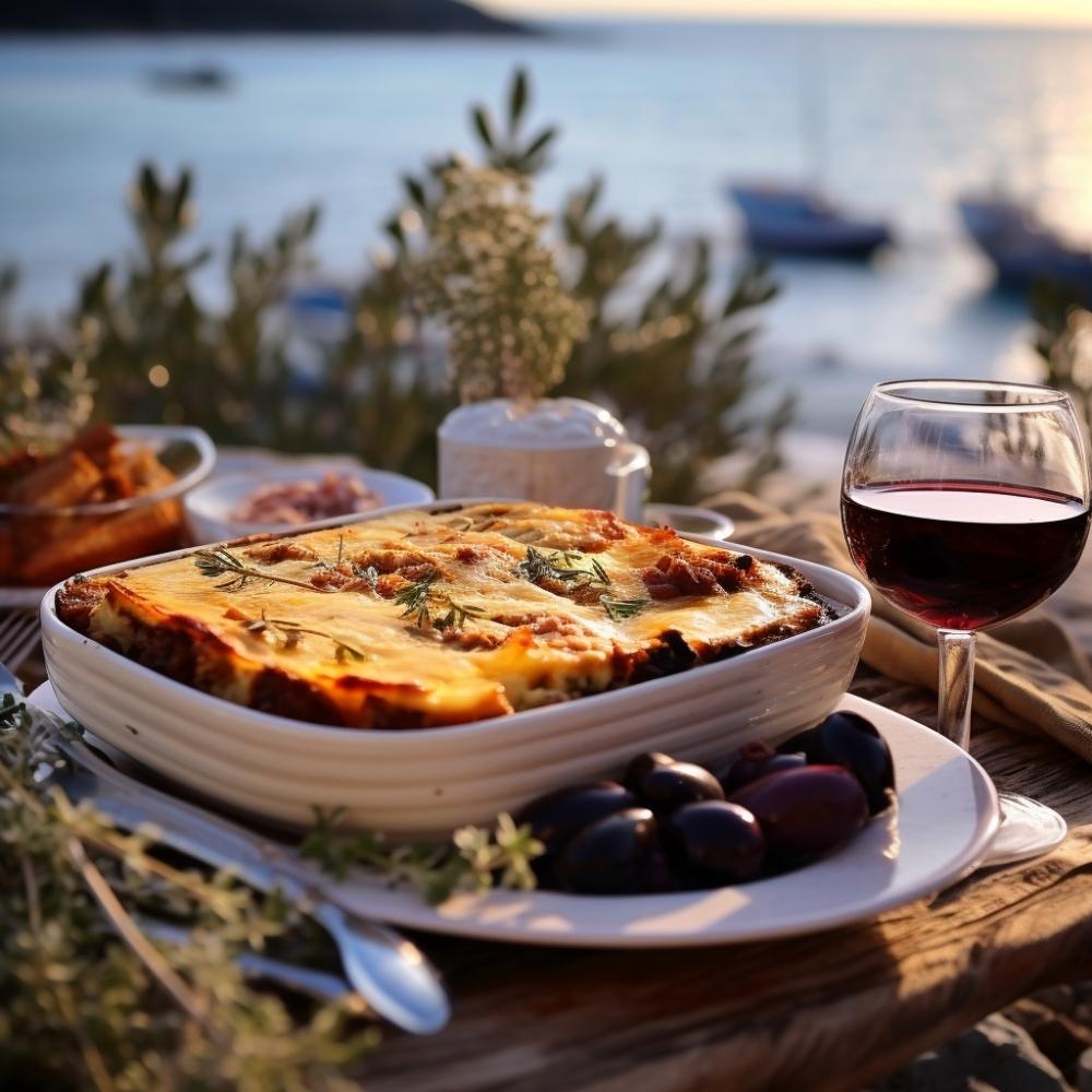A rustic, inviting scene of a moussaka being served with a glass of red wine