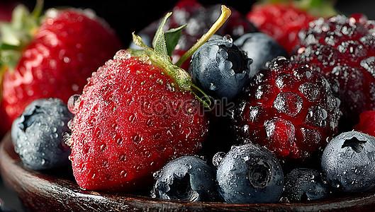 close-up of colorful mixed berries on a cutting board