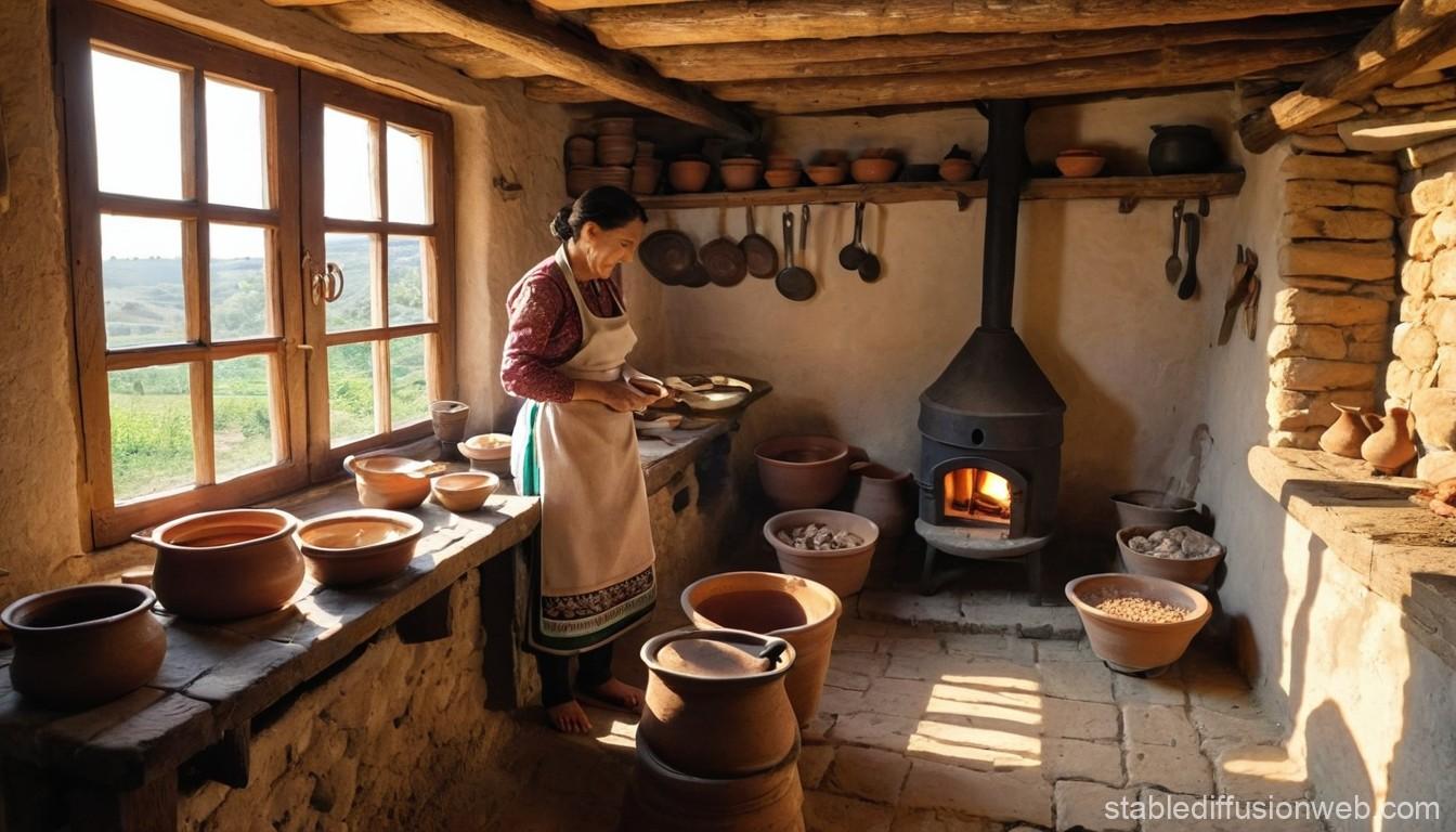 Rustic kitchen scene in a Bulgarian village with fresh ingredients on display