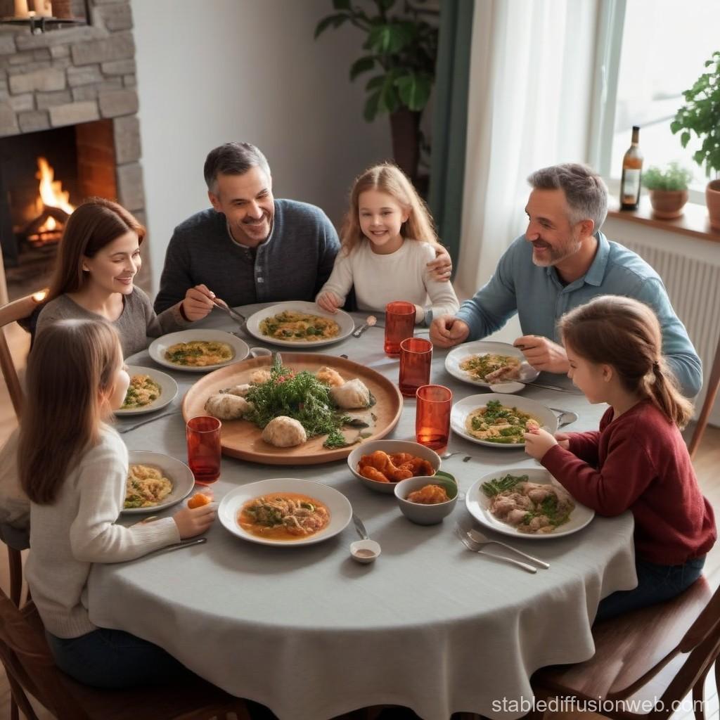 family gathered around a table enjoying soup