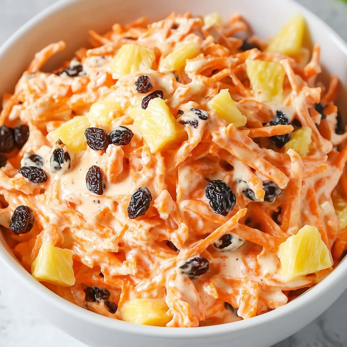 close up of a vibrant carrot and raisin salad in a rustic bowl, bright natural light