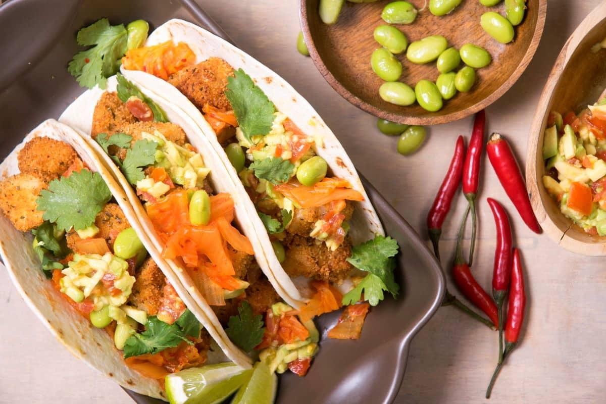Close up shot of delicious Kimchi and Crab Tacos