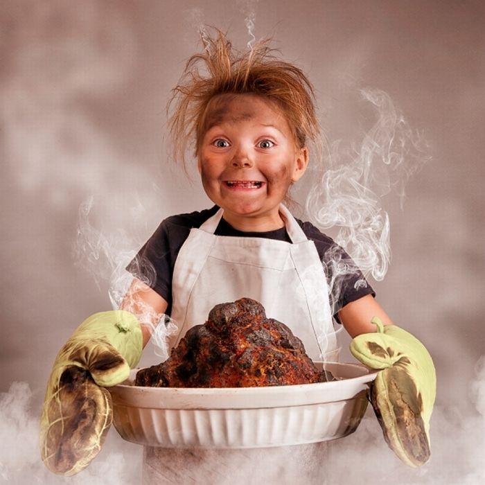 chef laughing awkwardly at a slightly burnt chicken