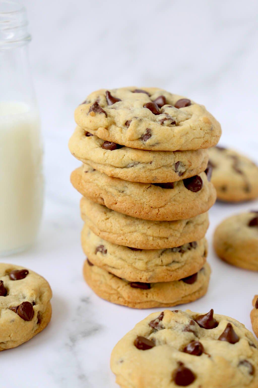 a stack of bakery-style chocolate chip cookies