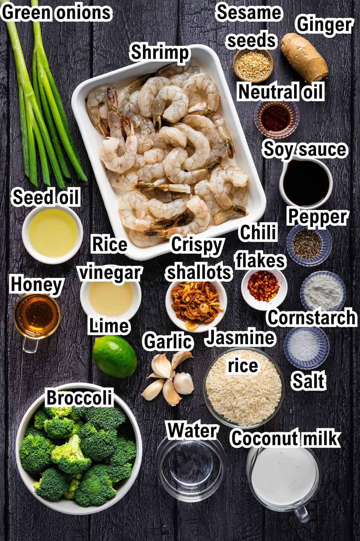 Ingredients for honey garlic shrimp sauce laid out on a kitchen counter: honey, soy sauce, garlic, ginger, rice vinegar