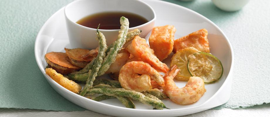 Fresh seafood and vegetables arranged for tempura