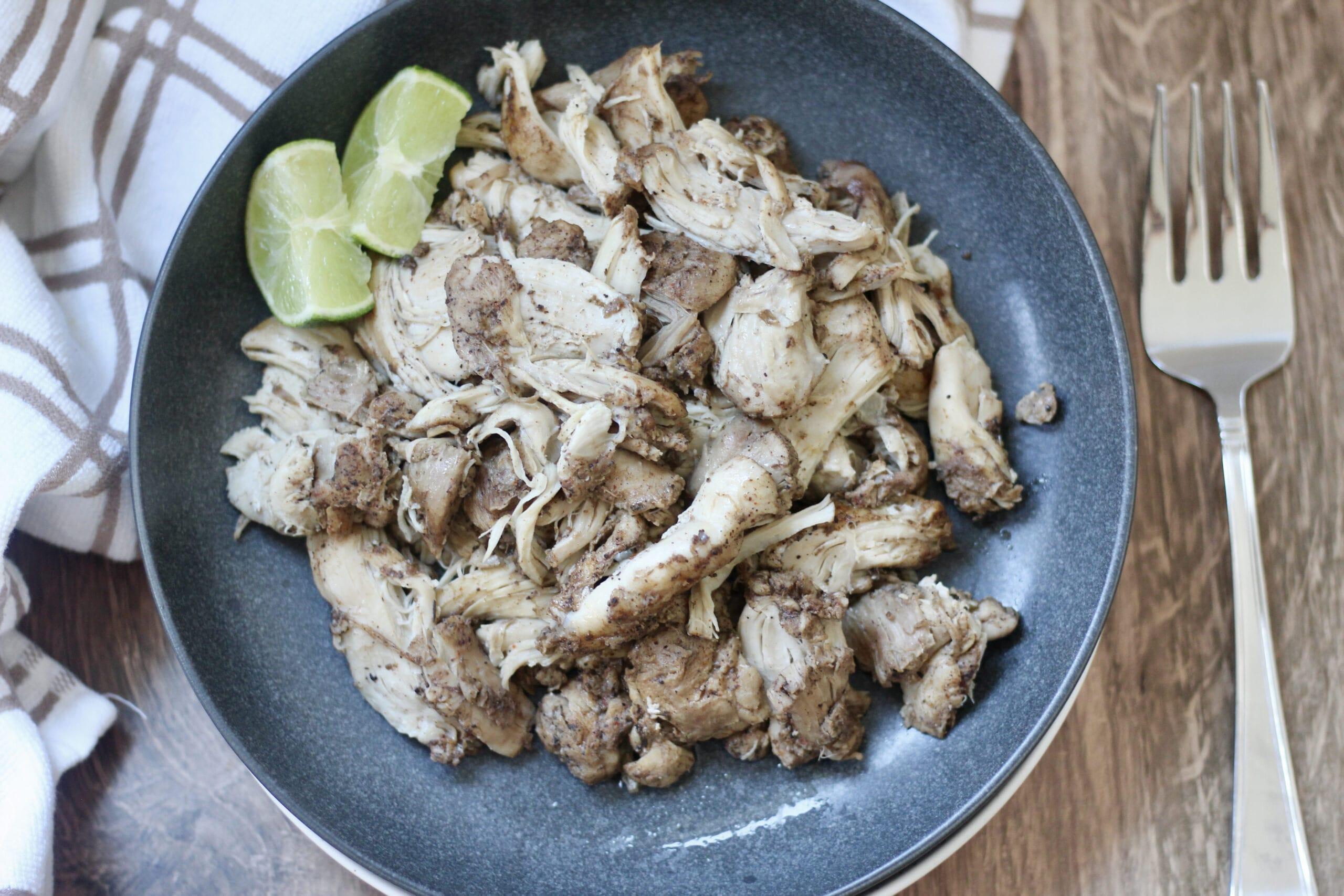 close-up of shredded jerk chicken