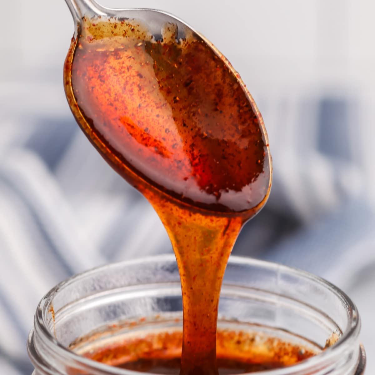 ingredients for maple heat glaze including maple syrup and hot sauce