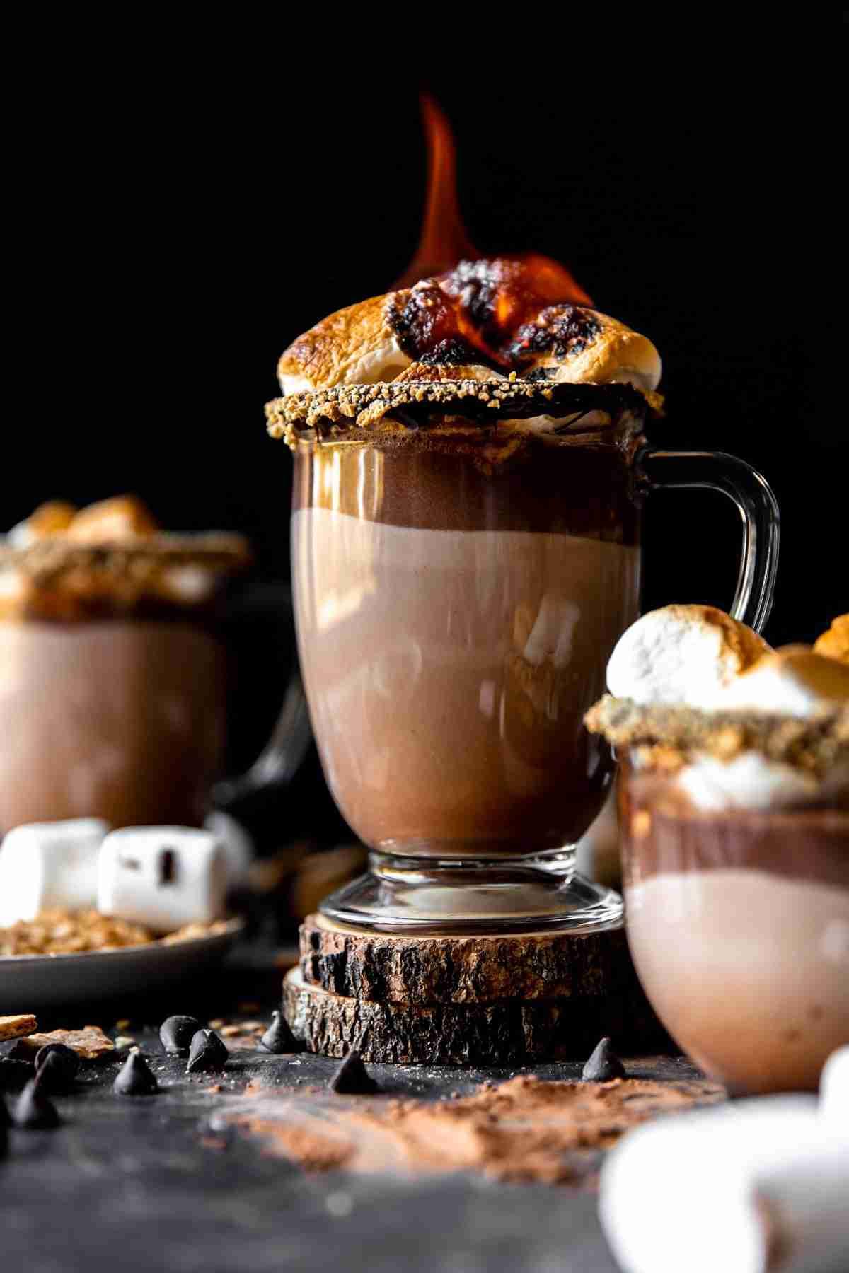 S'mores campfire delight hot chocolate with toasted marshmallows and chocolate shavings