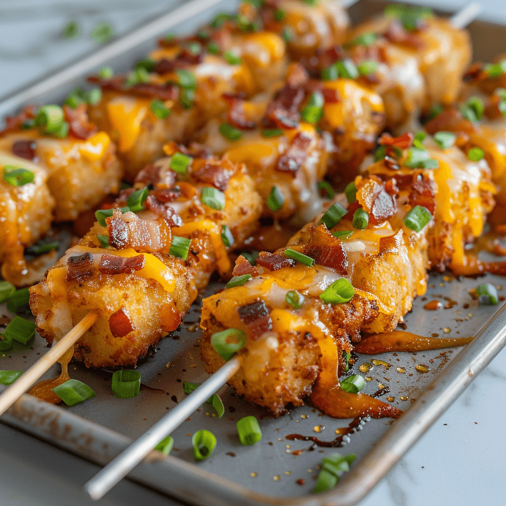 Loaded tater tot skewers with cheese and bacon bits, vibrant party food on a platter