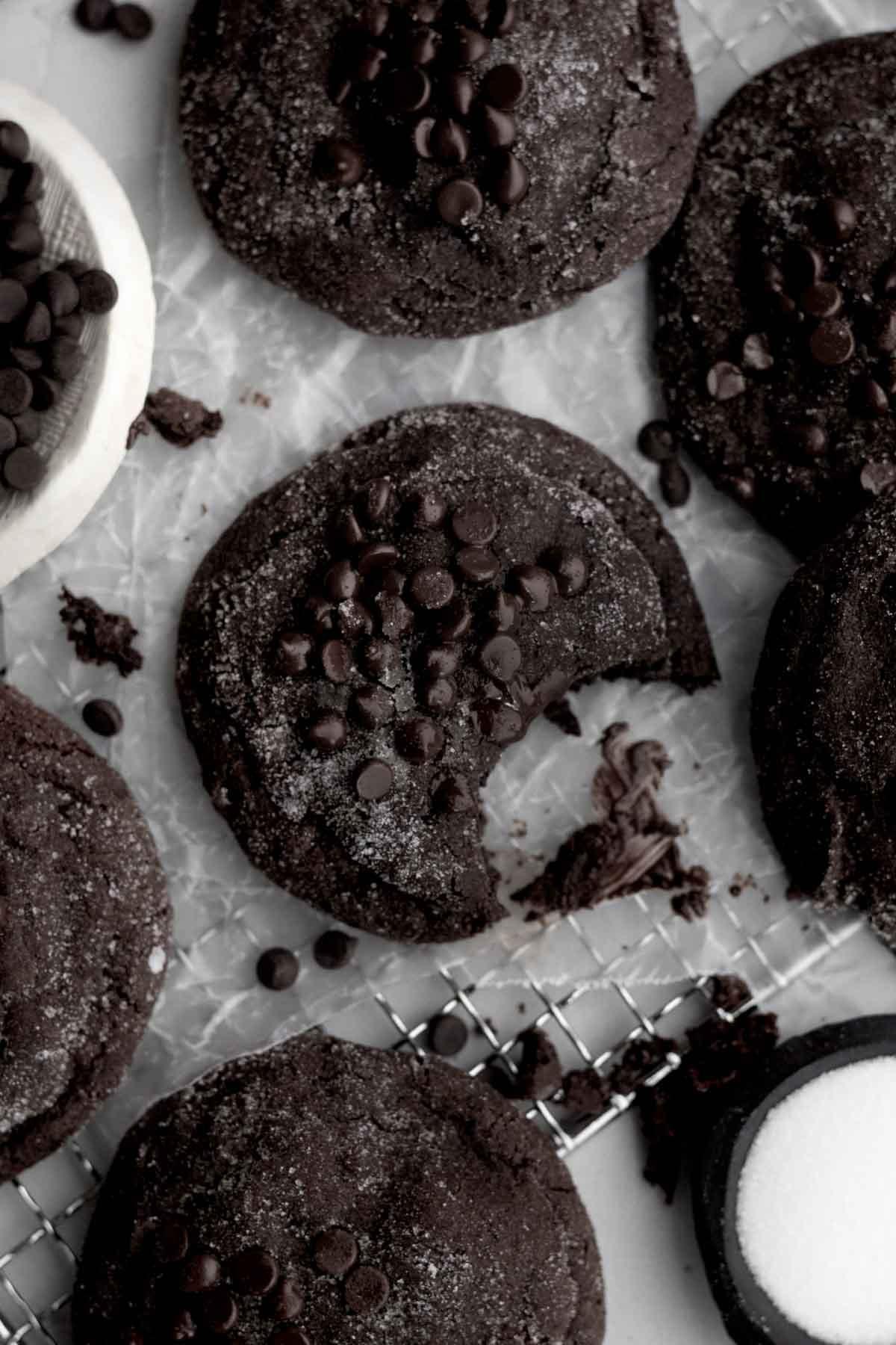 Close-up of a perfectly baked dark cocoa sugar cookie with slightly cracked edges