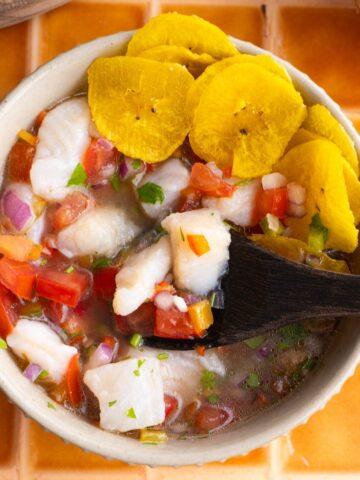 Overhead shot of Ecuadorian Shrimp Ceviche with Passion Fruit being prepared