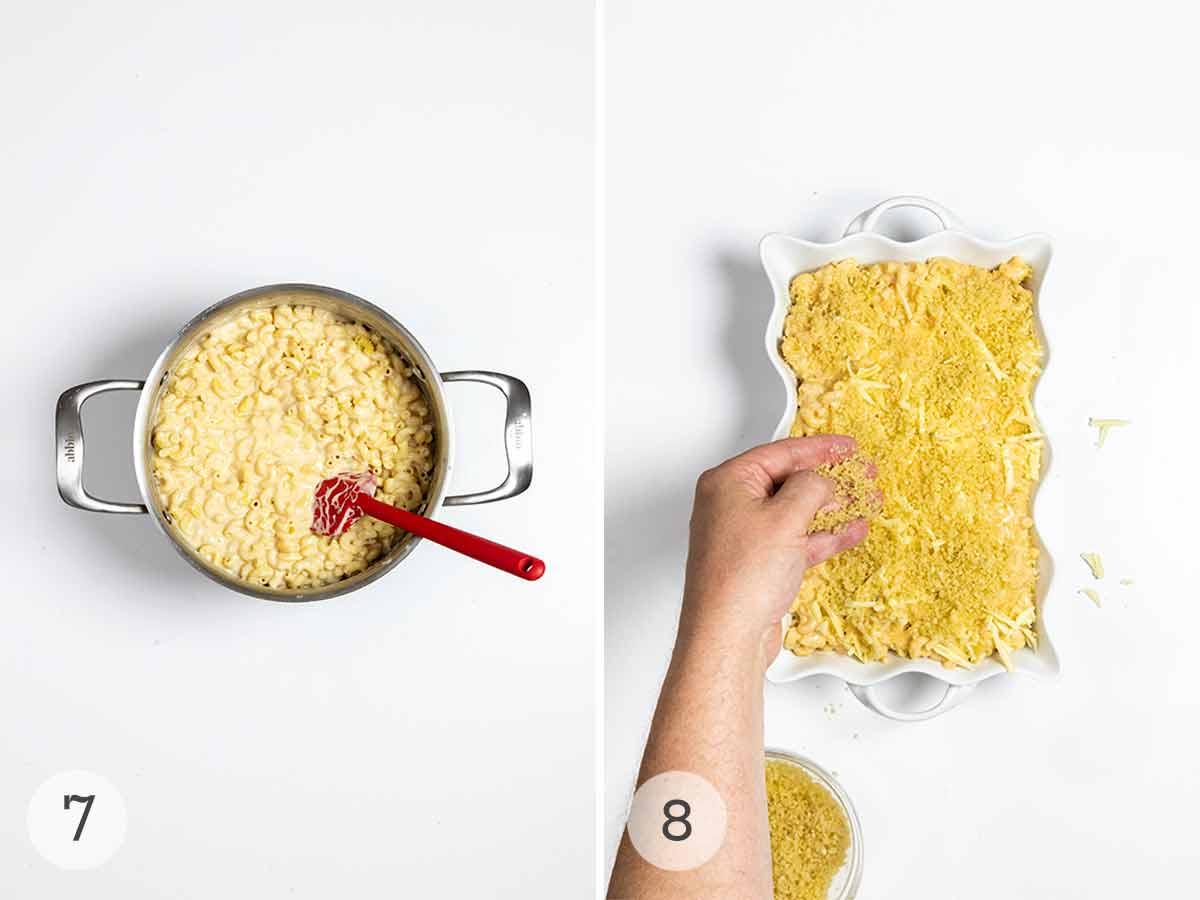 a hand sprinkling breadcrumbs on mac and cheese