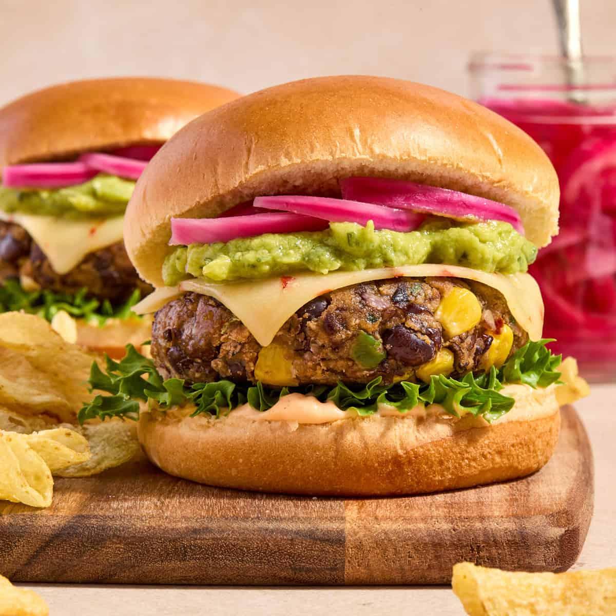 assembled lime and black bean burger with toppings