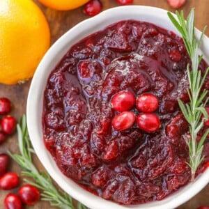 Aunt Carol's homemade cranberry sauce on a rustic Thanksgiving table